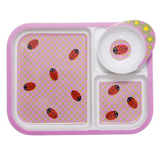 rice / Melaminový talíř se 3 přihrádkami a miskou Ladybug 27 cm