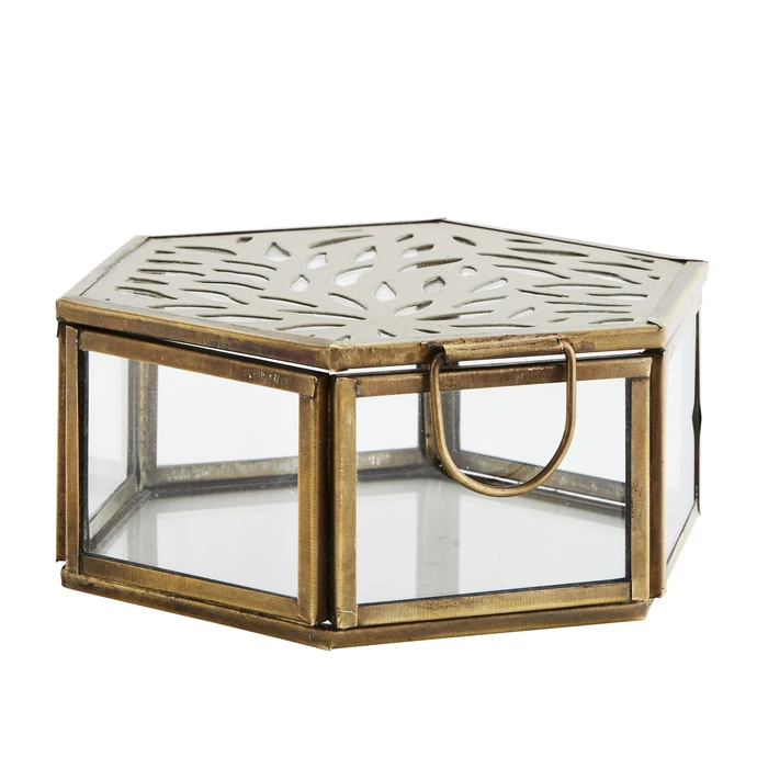 MADAM STOLTZ / Skleněný box Aged Brass Carvings Hexagon