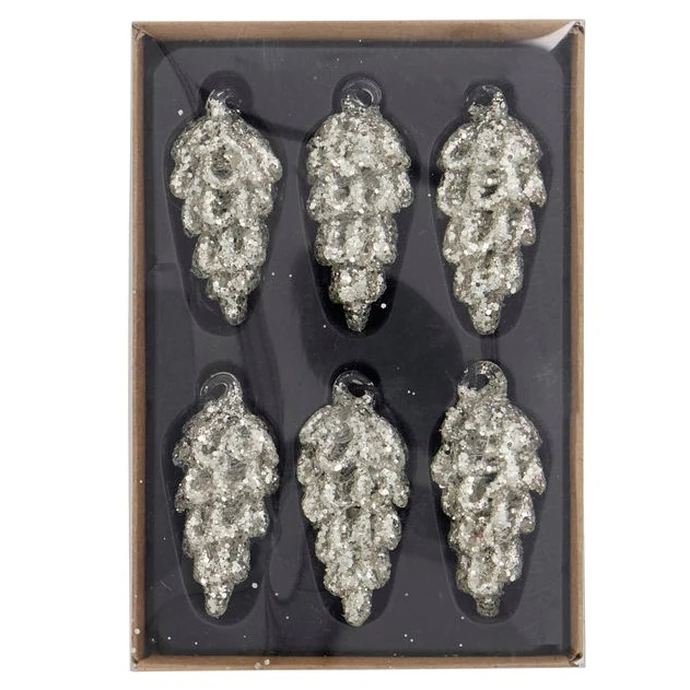 House Doctor / Sklenená vianočná ozdoba Cone Silver - Set 6 ks