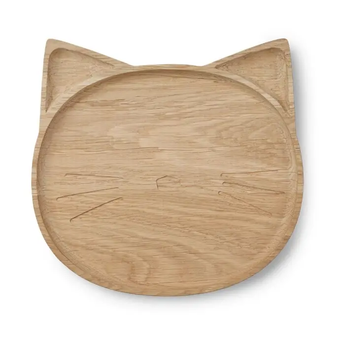 LIEWOOD / Dětský dřevěný talířek Conrad Natural Oak Cat Plate 21 cm