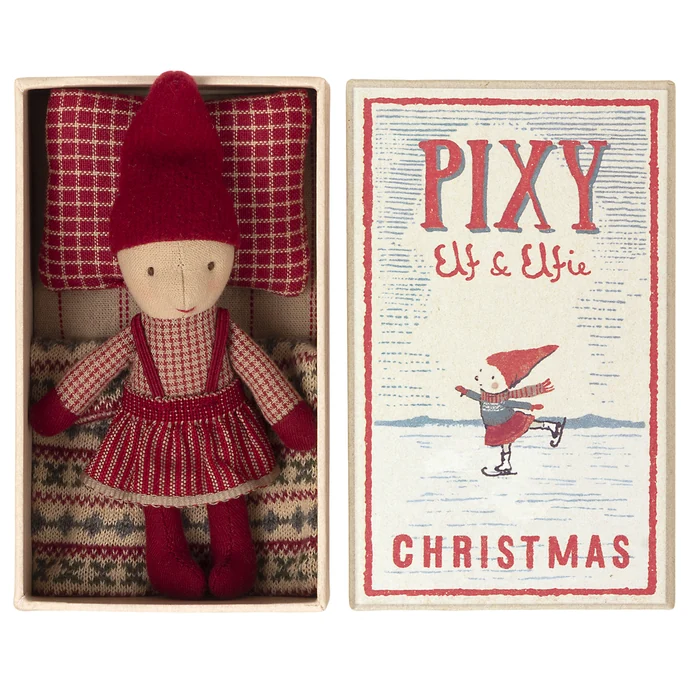 Maileg / Vianočný škriatok Pixy Elfie v krabičke od zápaliek Girl