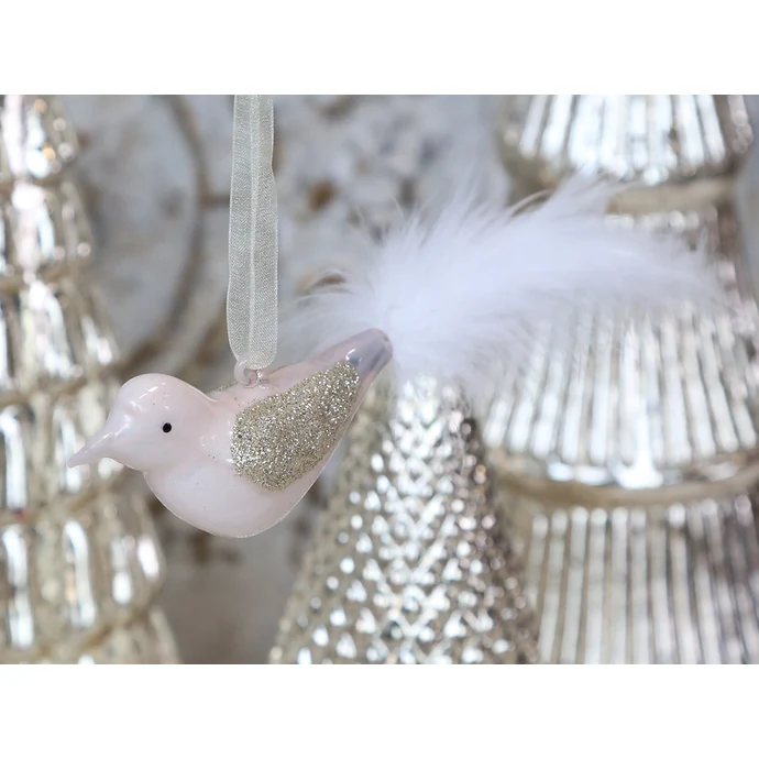 Chic Antique / Skleněný ptáček na stužce White