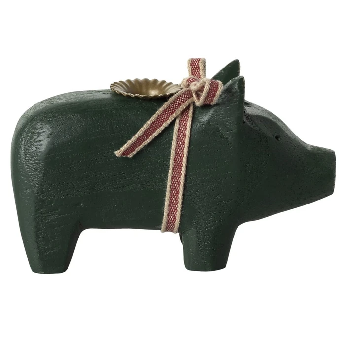 Maileg / Drevený svietnik prasátko Small Dark Green