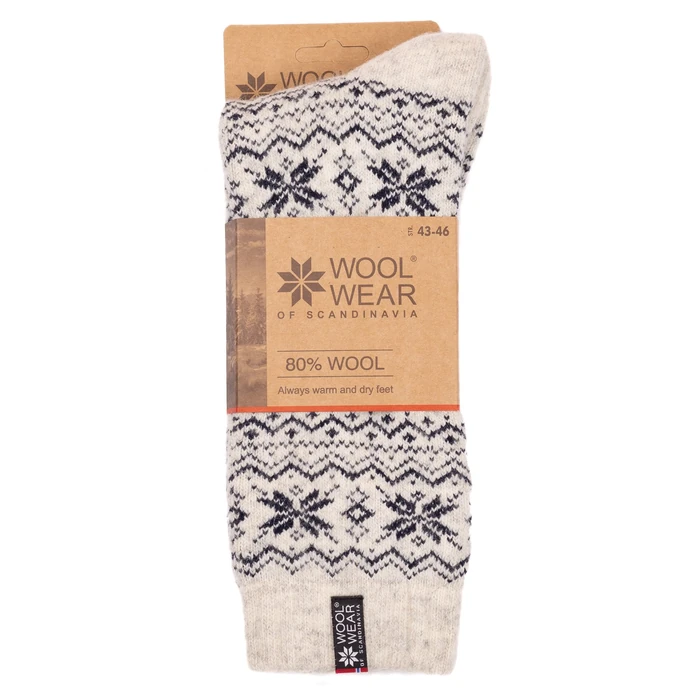 WOOLWEAR of Scandinavia / Vlněné ponožky White/Blue Snowflakes no. 103