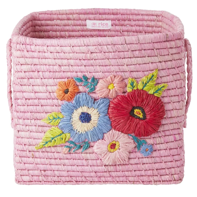 rice / Čtvercový košík z rafie Hand Embroidered Flowers Pink