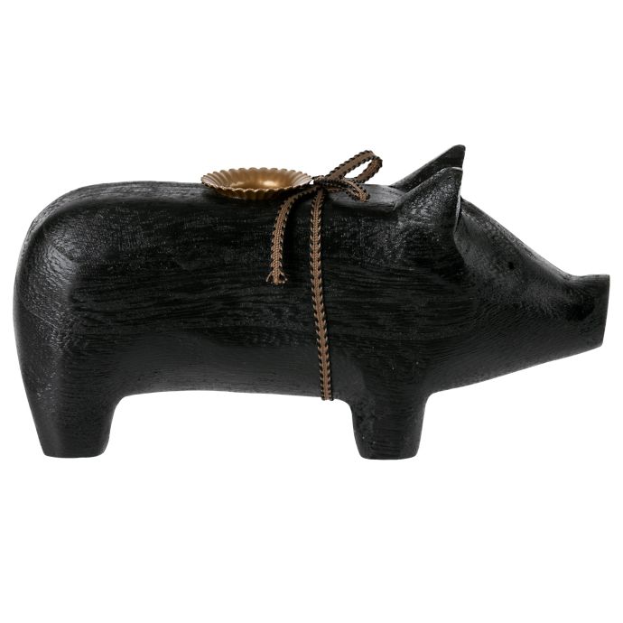 Maileg / Svícen Wooden Pig Black - Medium