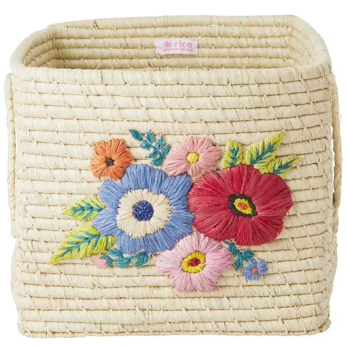 rice / Čtvercový košík z rafie Hand Embroidered Flowers Natural
