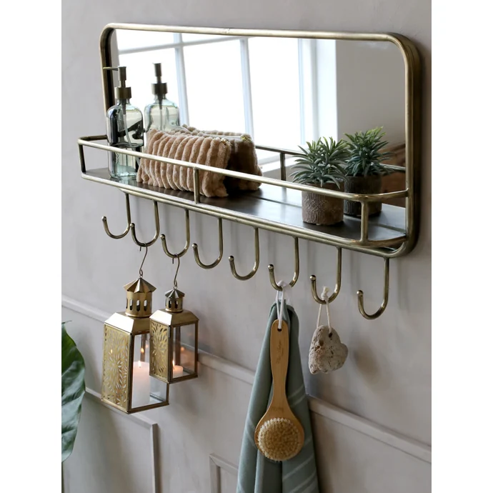 Zrcadlo s poličkou a háčky Antique Brass