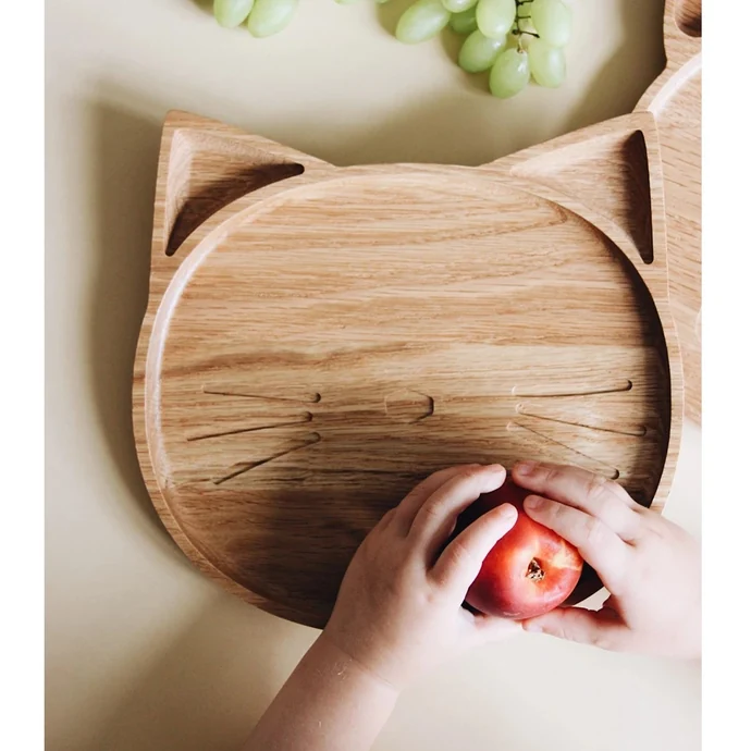 Dětský dřevěný talířek Natural Oak Cat Plate