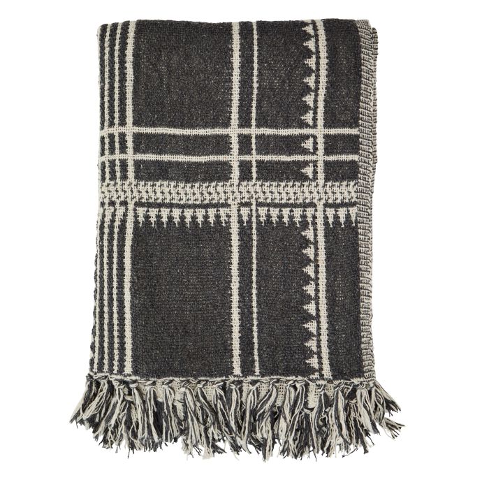 Přehoz recyklované bavlny Charcoal/OffWhite Fringes 125×175cm