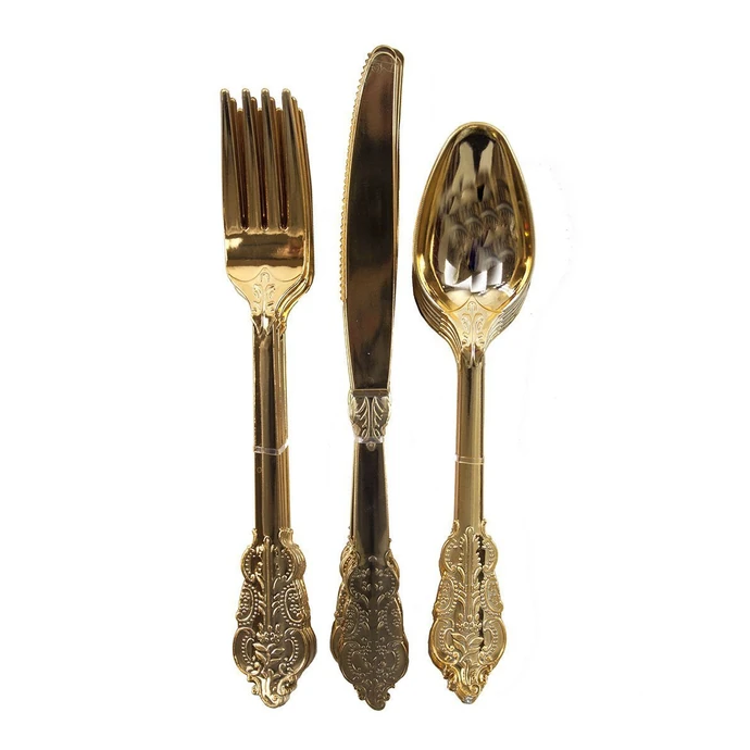 Sada 6 plastových příborů ve zlaté barvě Gold Cutlery