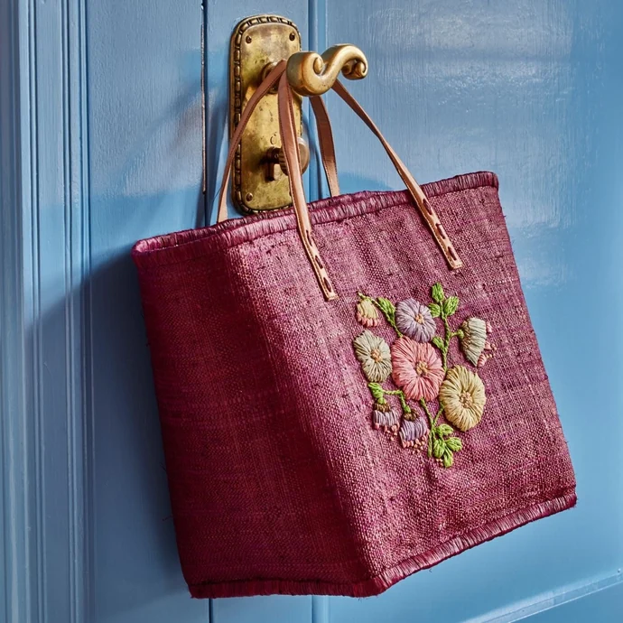 Taška z rafie Embroidered Flower/Leather Handles Medium