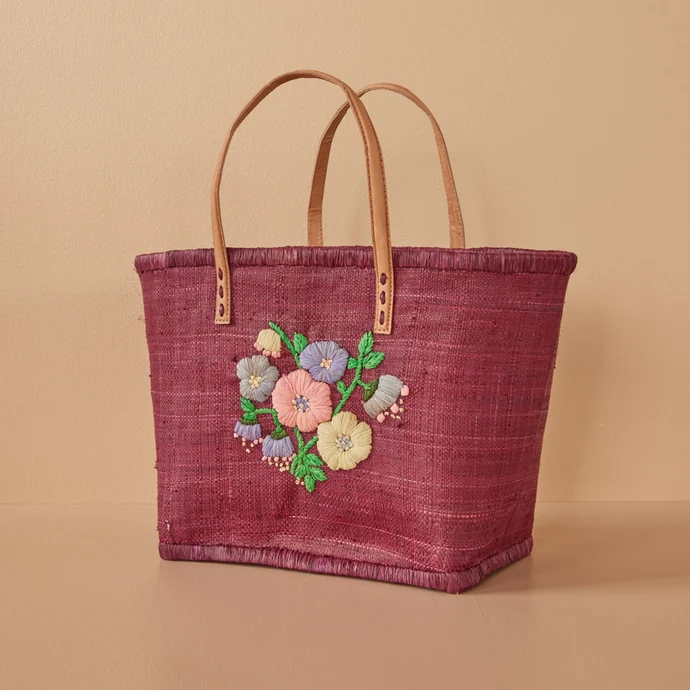 Nákupní taška z rafie Embroidered Flower/Leather Handles Medium