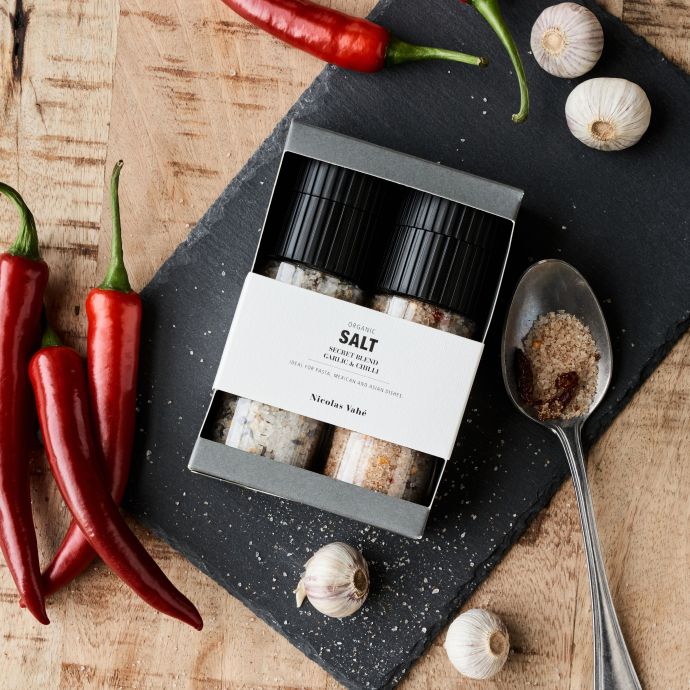 Dárková sada solí Nicolas Vahé - Secret blend & Garlic Chilli Salt