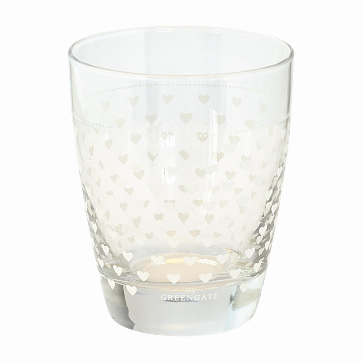 Sklenený pohár s bielymi srdiečkami