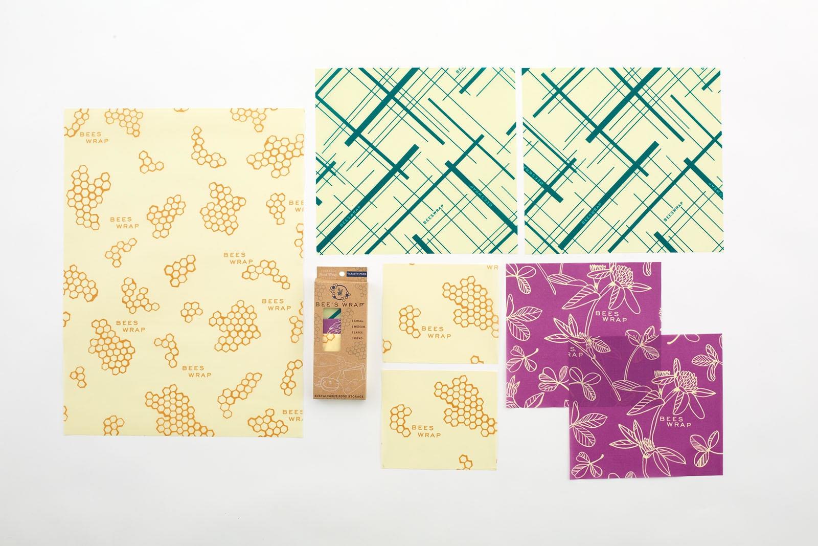Bee's Wrap Set ekologických ubrousků - 7ks, fialová barva, zelená barva, žlutá barva, textil