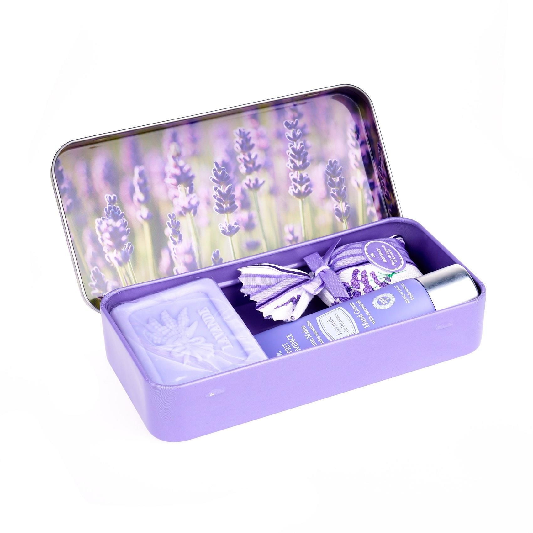 ESPRIT PROVENCE Dárkový set v krabičce - mýdlo a krém na ruce Lavande, fialová barva, kov - Esprit Provence Levandule krém na ruce 30 ml + mýdlo 60 g + levandulový pytlík dárková sada