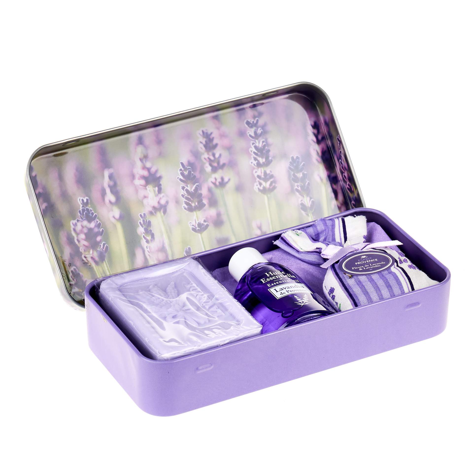ESPRIT PROVENCE Dárkový set v krabičce - mýdlo a esenciální olej Lavande, fialová barva, kov - Esprit Provence Levandule mýdlo 60 g + esenciální olej 12 ml dárková sada