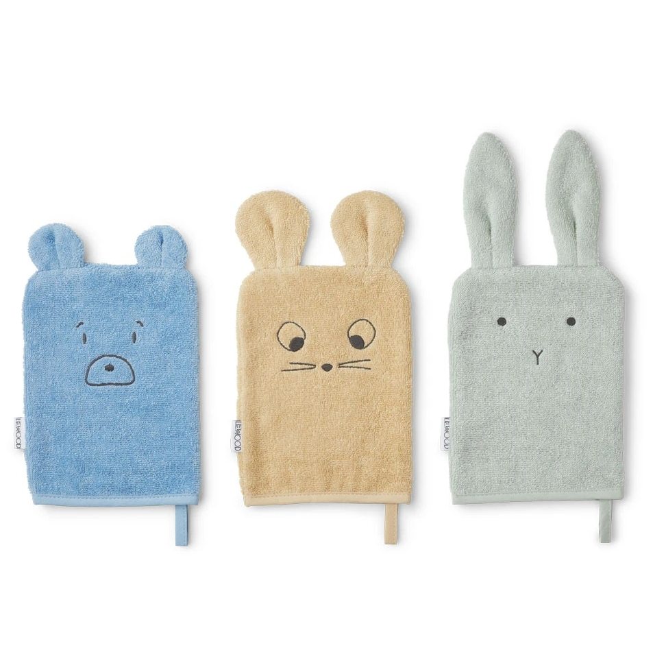 LIEWOOD Žínky z organické bavlny Sylvester Mouse Mint - set 3 ks, modrá barva, žlutá barva, šedá barva, textil