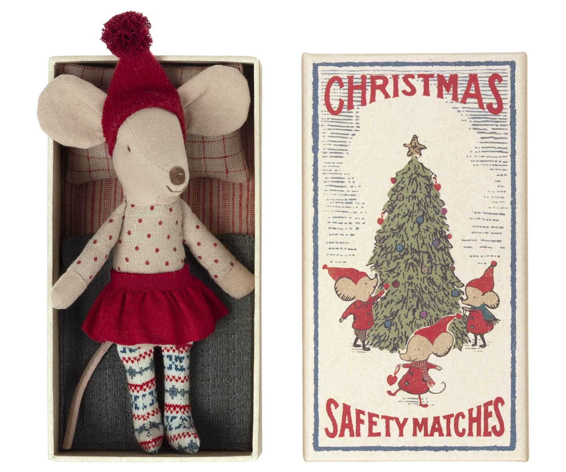 Maileg Vánoční myška Big Sister v krabičce, červená barva, papír, textil