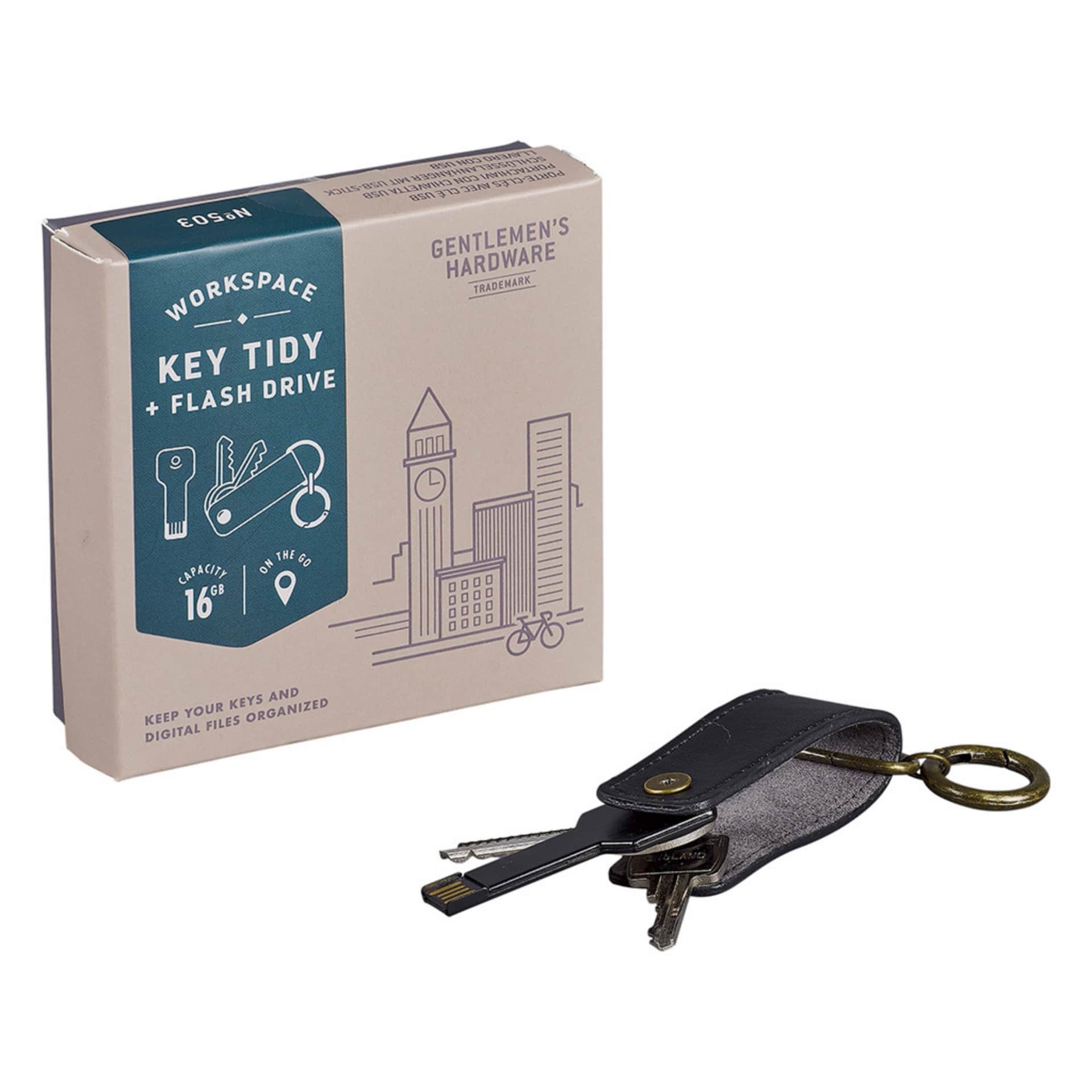 GENTLEMEN'S HARDWARE Koženková klíčenka s USB Key Tidy, černá barva, kov, textil