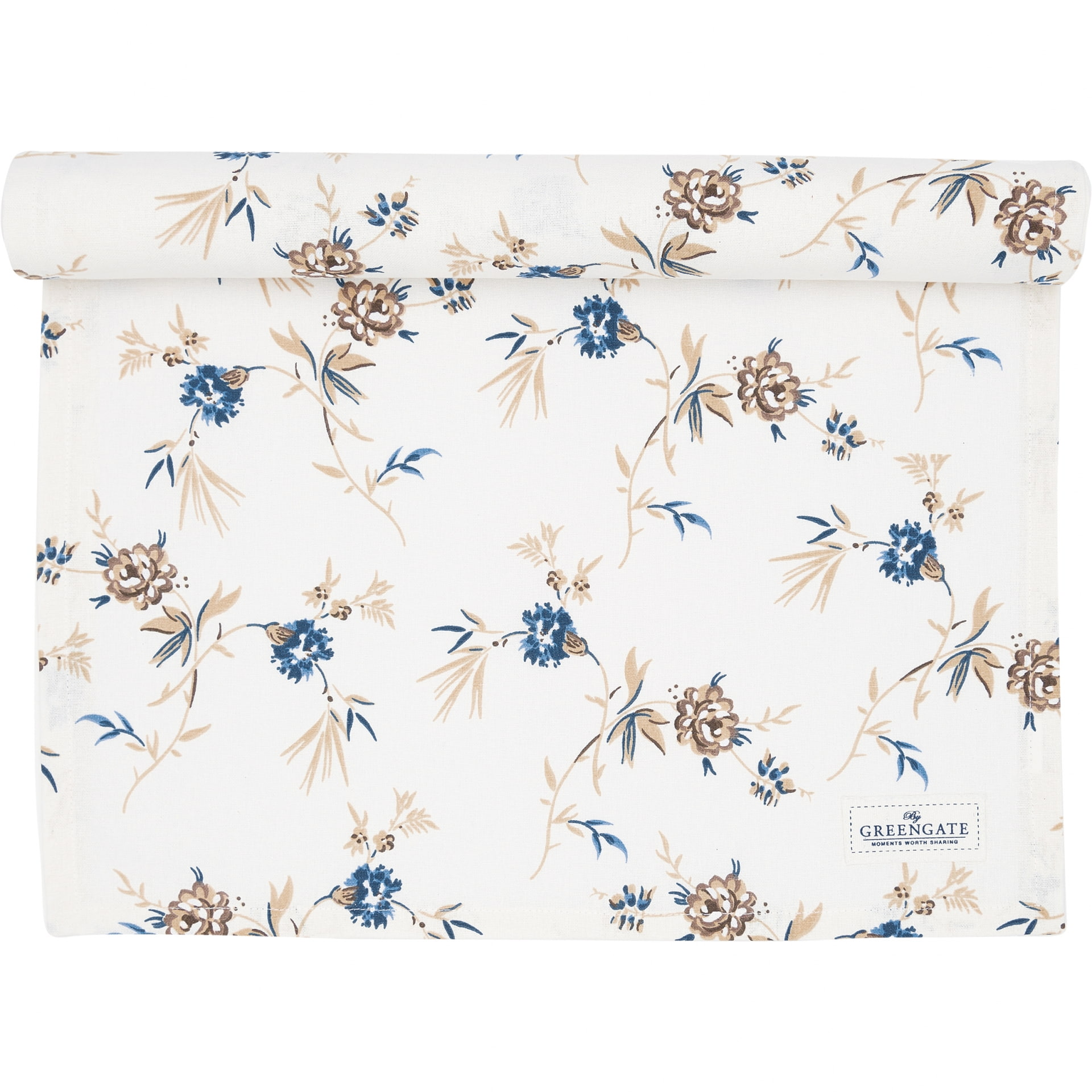 GREEN GATE Bavlněný běhoun Uma Beige 140 × 45 cm, modrá barva, béžová barva, textil
