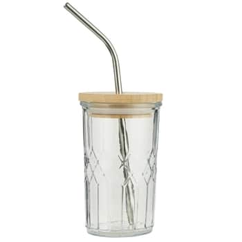 Sklenička s víčkem a kovovým brčkem Bamboo 300 ml